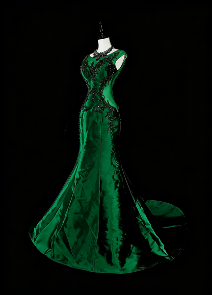 Robes de bal vintage sirène col dégagé vert foncé satiné avec perles robe longue de soirée années 1980 N2705
