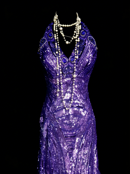 Classy Mermaid Halter Grape Sequin Sleeveless Long Senior Prom dresses High School Formal Dresses N1257