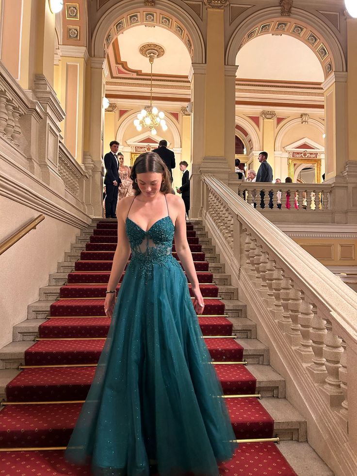 Stunning Shiny Blackish Green A line Halter Lace-Up Long Prom Dresses Evening Outfits Formal Dress N1001