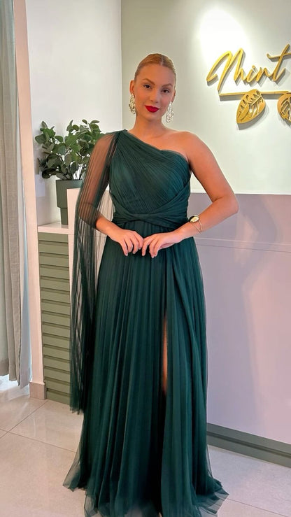 Cocktailkleid für Damen, A-Linie, schulterfrei, dunkelgrüner Tüll mit Schlitz, plissiert, lang, für Abschlussfeier, Ballkleid AB1894