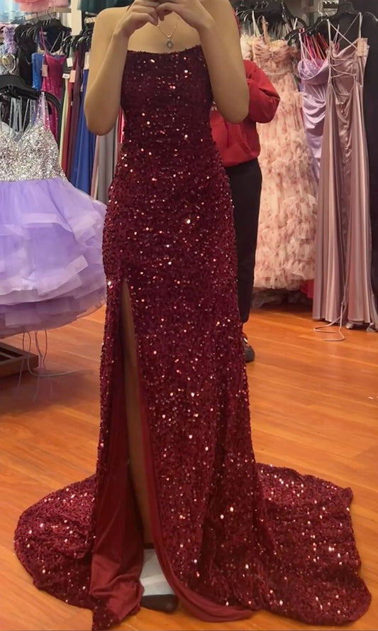Robe de soirée longue sirène sexy à fines bretelles et sequins bordeaux, fente haute, AB1770