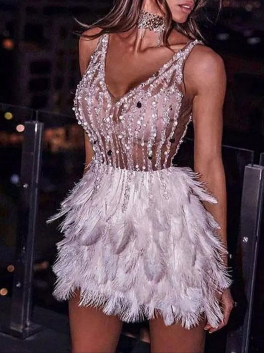 Cute A line Homecoming Dress V Neckline White With Feathers Glam Party Outfit Birthday Dresses Cocktail Outfits RB6265