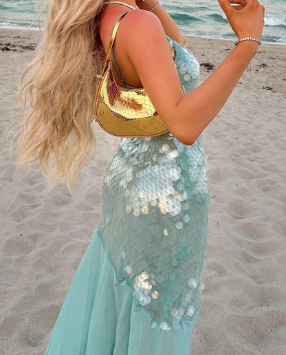 Robe de bal longue sirène élégante à fines bretelles et sequins bleus pour adolescentes, tenue de soirée, robe de cérémonie de remise de diplômes N1092