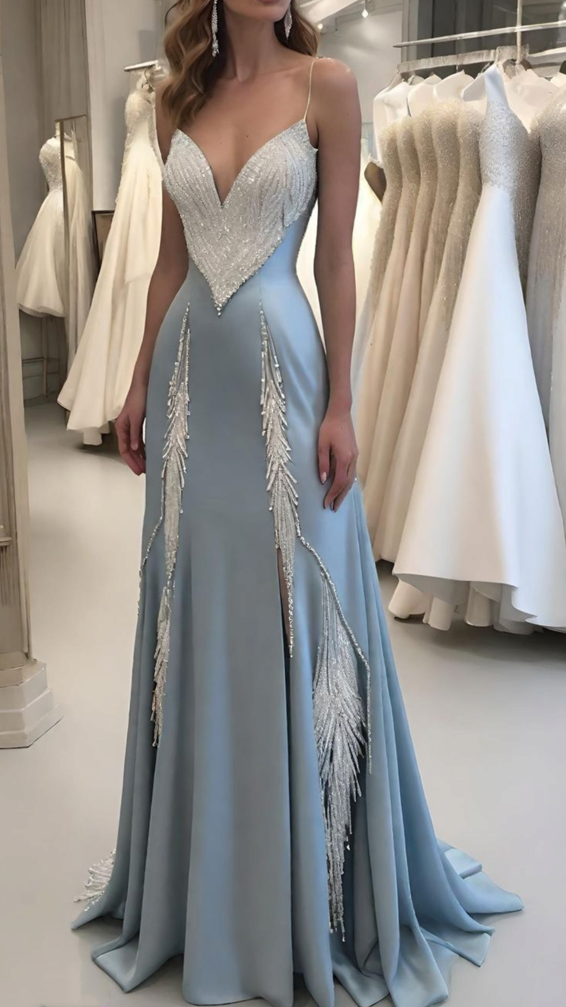 Ideen für Abschlussballkleider A-Linie Spaghettiträger Blau Satin Schlitz Bodenlang Festliches Partykleid Kleid für die 8. Klasse RC0881