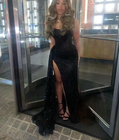 Sexy schwarzes Meerjungfrauen-Abendkleid mit Pailletten und Spitze, langes Modell AB1625
