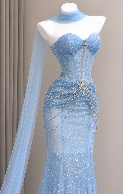 Glittery Mermaid Ice Blue Glitter Corset Gown Sequin Long Prom Dresses Impress 18th Birthday Outfits Evening Gowns RB8939