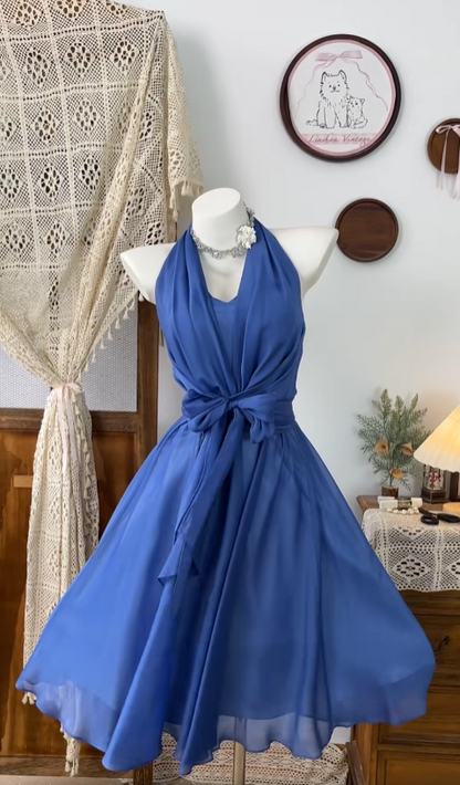 Vintage A Line Halter Royal Blue Chiffon Short Mini Party Homecoming Dresses High School Ideas Inspo 18th Birthday Outfits RB7361