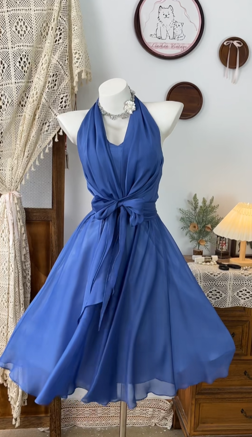 Vintage A Line Halter Royal Blue Chiffon Short Mini Party Homecoming Dresses High School Ideas Inspo 18th Birthday Outfits RB7361