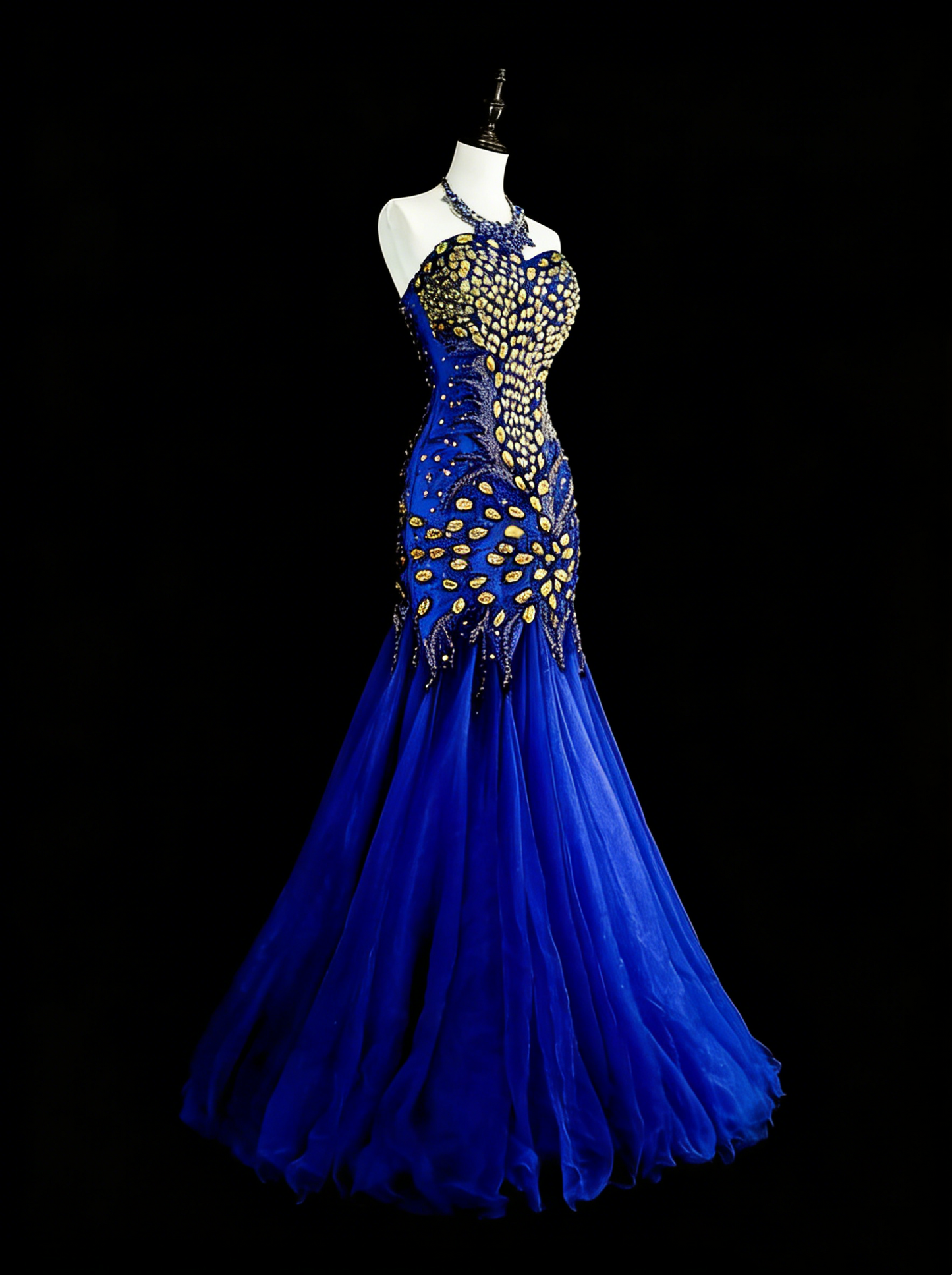 Vintage Meerjungfrauen-Abendkleid in Königsblau aus den 70er Jahren, langes Tüllkleid mit Herzausschnitt, N1833