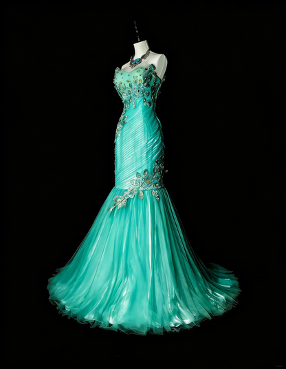 Robes de bal vintage Esthétique sirène Col en cœur Tulle vert avec appliques Robe de soirée longue N2160