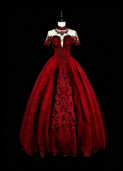 Robes de bal vintage, col ras du cou, bordeaux avec perles et dentelle, années 1980, robe de soirée longue N2706