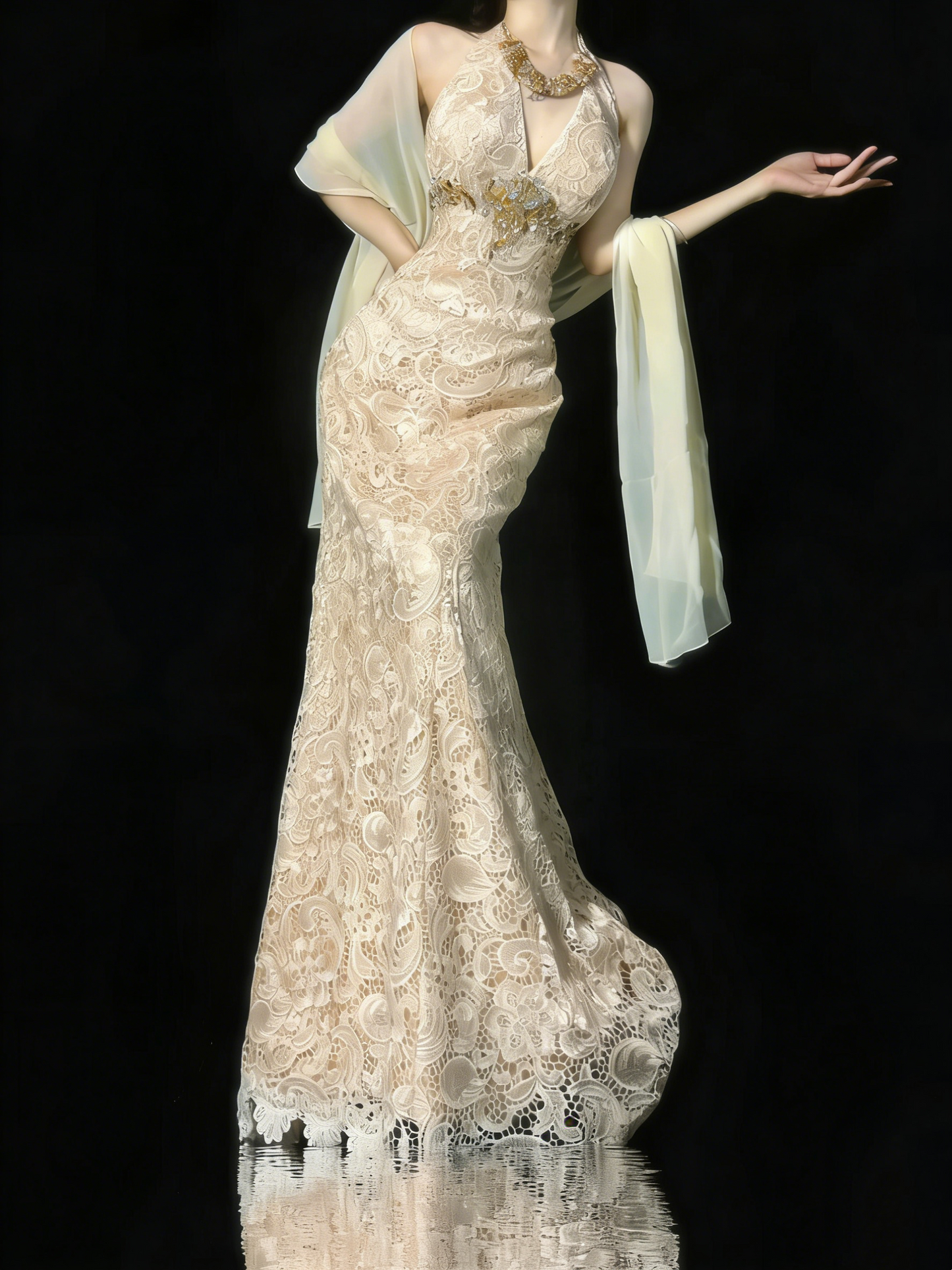Elegantes, formelles College-Outfit in A-Linie mit V-Ausschnitt aus Champagnerspitze, langes Ballkleid für Teenager N1187
