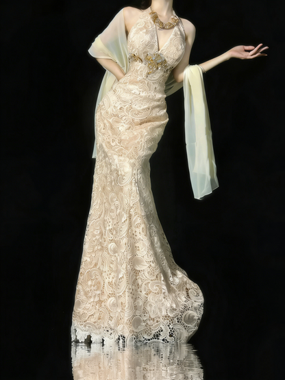 Elegantes, formelles College-Outfit in A-Linie mit V-Ausschnitt aus Champagnerspitze, langes Ballkleid für Teenager N1187