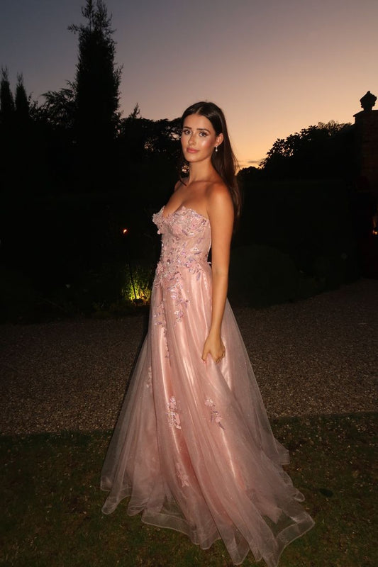 Klassisches Ballkleid mit Herzausschnitt, aus rosafarbenem Tüll mit Applikationen, langes Abendkleid für Abschlussball und Abiball, Modell N027