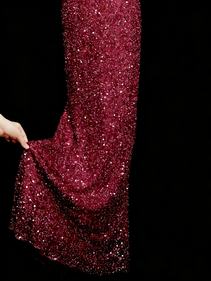Robe de soirée vintage style sirène à fines bretelles, paillettes, années 80, 70, 90, idéale pour les bals de fin d'année ou les remises de diplômes (N1149)