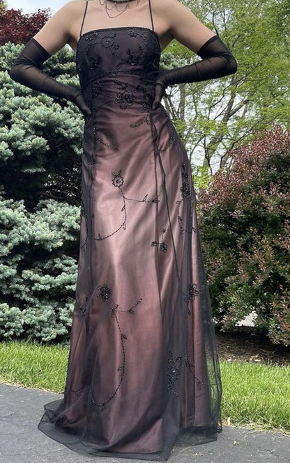 Elegantes, langes, blau-graues, zart perlenbesetztes Tüllkleid in A-Linie – perfekt für formelle Anlässe wie Geburtstage oder Abschlussbälle (N1697)