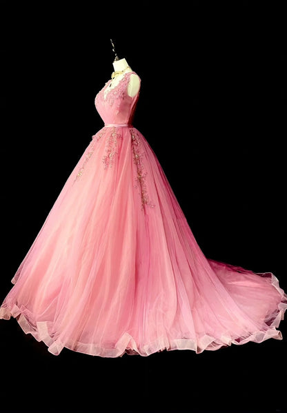 Robe de bal sobre en tulle rose à col en V, longue, inspiration robe de soirée princesse N1298