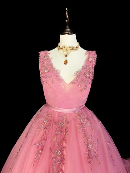 Robe de bal sobre en tulle rose à col en V, longue, inspiration robe de soirée princesse N1298
