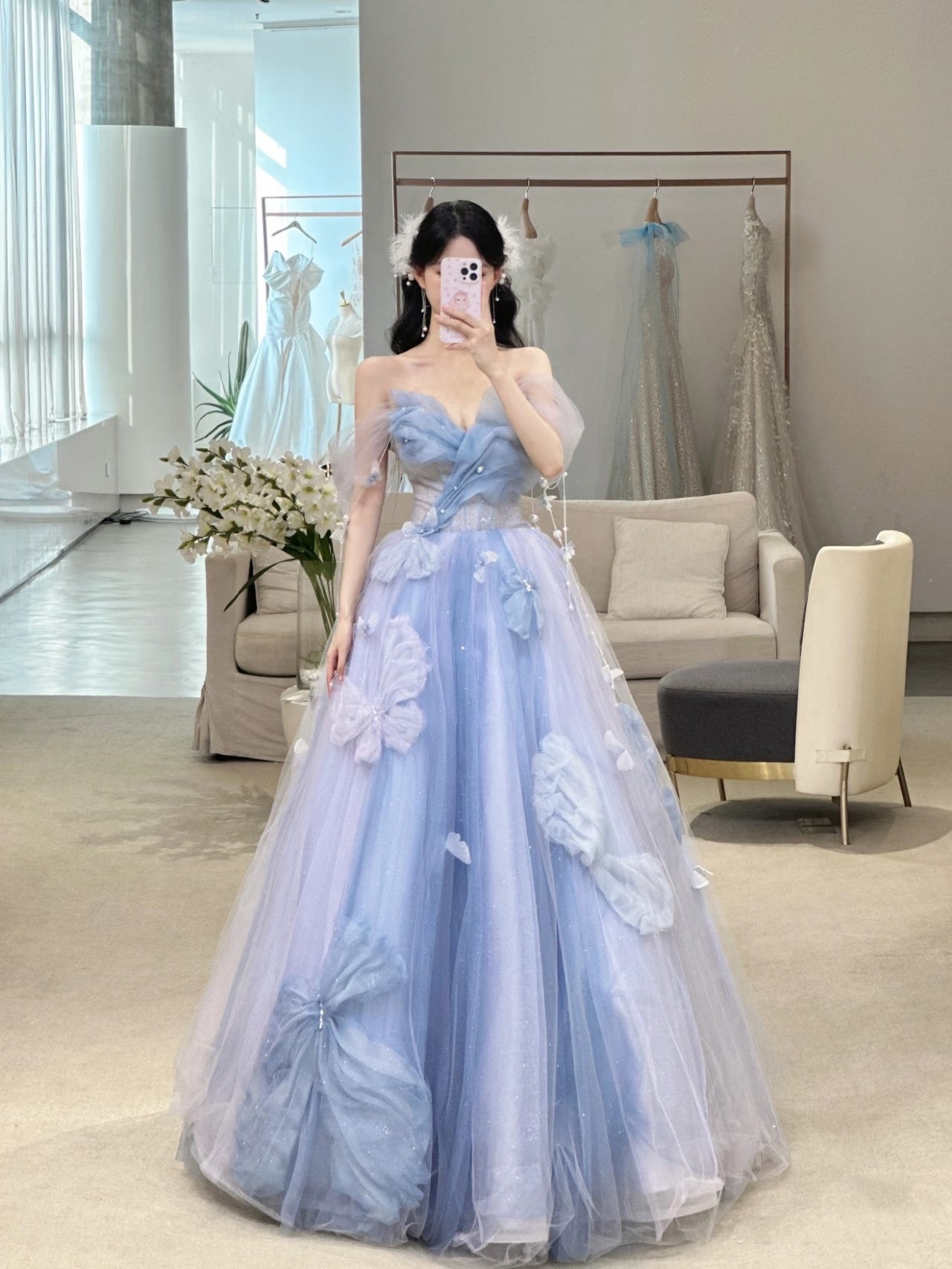 Bezauberndes langes Ballkleid aus blauem Tüll mit Herzausschnitt, formelles Partykleid, Abiballkleid AU112