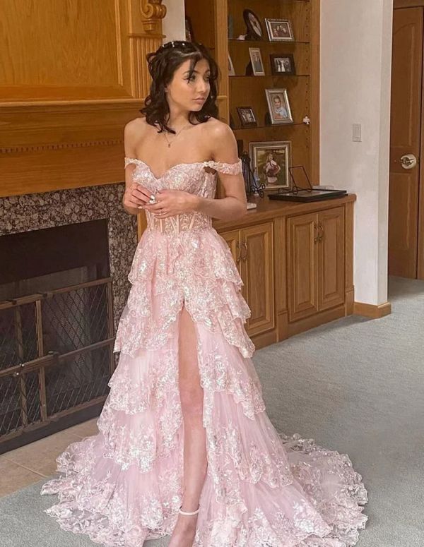 Pretty Off The Shoulder Pink Lace Slit Long Formal Prom Dresses Party Dresses AB1570