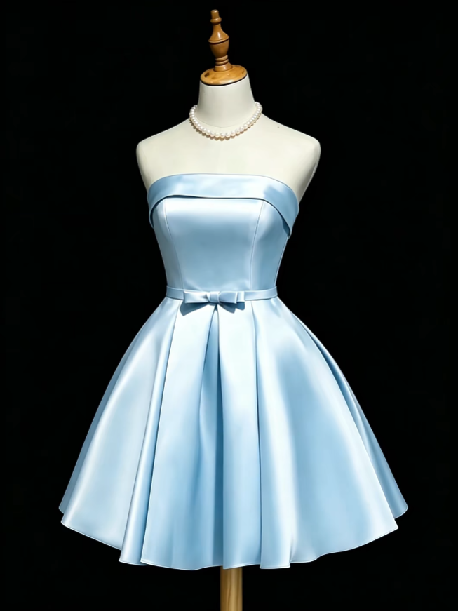 Cute Ball Gown Strapless Blue Satin Short Mini High School Ideas Homecoming Dress Inspo Birthday Dresses Senior Graduation Outfits RB7185