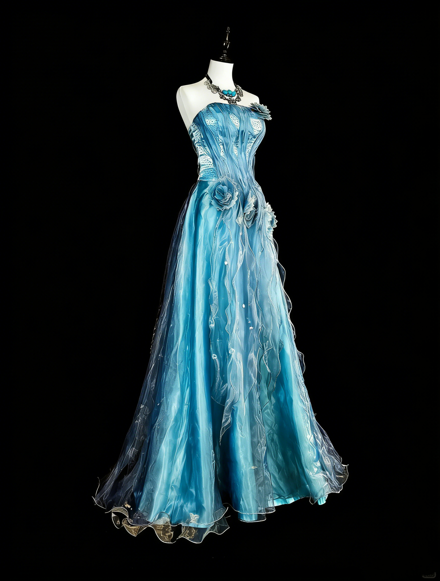Vintage Prom Dresses Aesthetic A line Blue Tulle Beaded Classic Inspo Party Dress N2003
