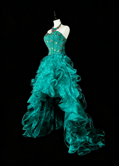 Robe de bal longue vintage années 1760, bustier cœur, en organza vert, sans manches, à volants superposés, N1588