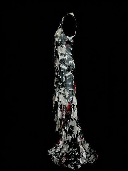 Robes de bal vintage esthétique Années 60 Rétro Noir Floral Sirène Longue Robe de soirée N2135