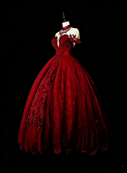 Robes de bal vintage, col ras du cou, bordeaux avec perles et dentelle, années 1980, robe de soirée longue N2706