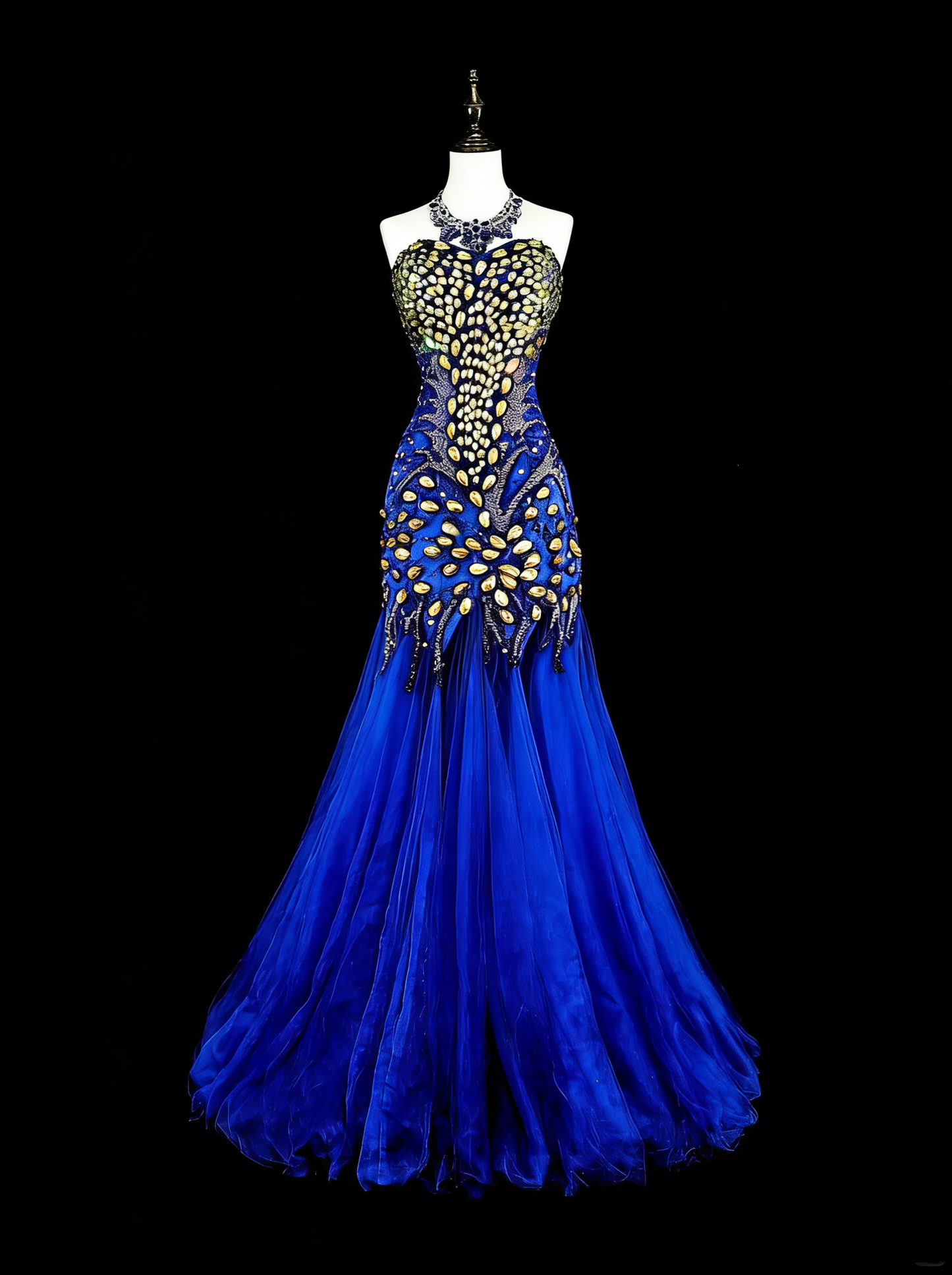 Vintage Meerjungfrauen-Abendkleid in Königsblau aus den 70er Jahren, langes Tüllkleid mit Herzausschnitt, N1833