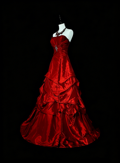 Retro Ball Gown Strapless Red Satin Sleeveless 70s Prom Dresses Long Formal Party Gowns N1491