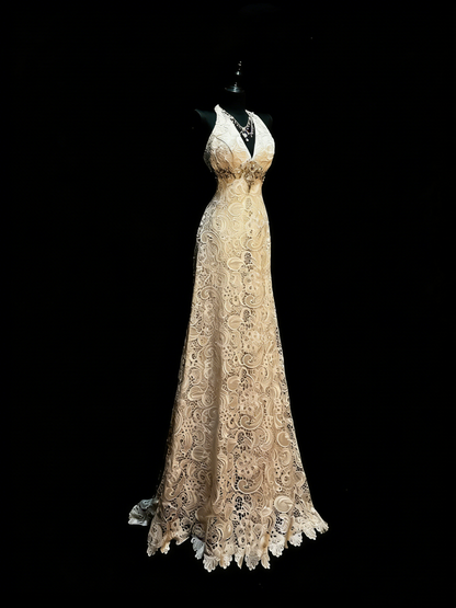 Elegantes, formelles College-Outfit in A-Linie mit V-Ausschnitt aus Champagnerspitze, langes Ballkleid für Teenager N1187