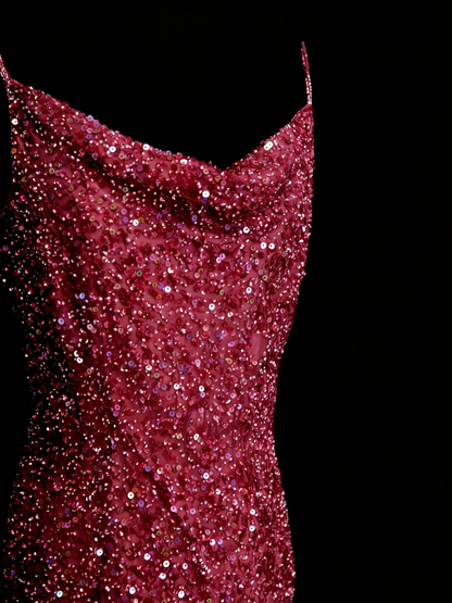 Robe de soirée vintage style sirène à fines bretelles, paillettes, années 80, 70, 90, idéale pour les bals de fin d'année ou les remises de diplômes (N1149)