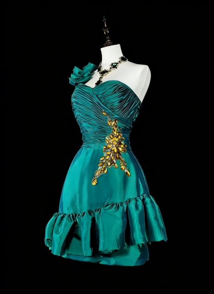 Jolie Robe Courte de Bal Vert Satiné à Une Épaule, Robe de Soirée Hoco N2717