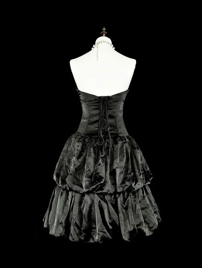 Robe de soirée bustier noire courte mini robe de bal en satin pour le retour au lycée N2159