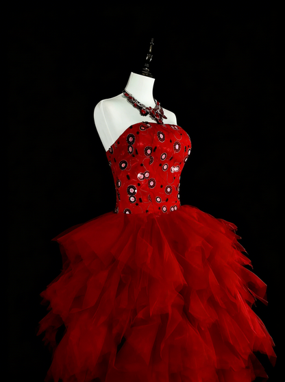 Robe de bal unique sans bretelles en tulle rouge, inspiration années 2000, robes de bal courtes, inspiration robes de soirée N1747