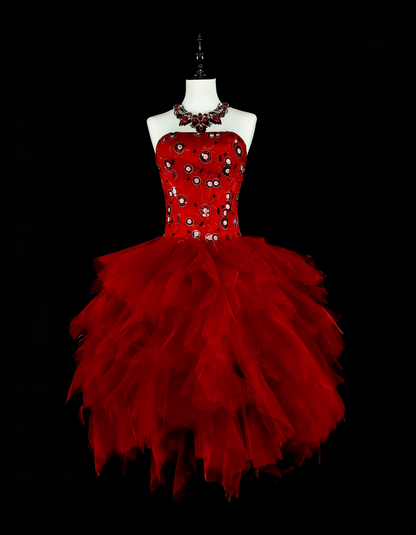 Robe de bal unique sans bretelles en tulle rouge, inspiration années 2000, robes de bal courtes, inspiration robes de soirée N1747