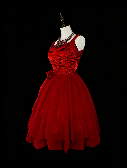 Robe de bal unique à fines bretelles en tulle rouge, inspiration années 2000, robes de bal courtes, inspiration robes de soirée N1748
