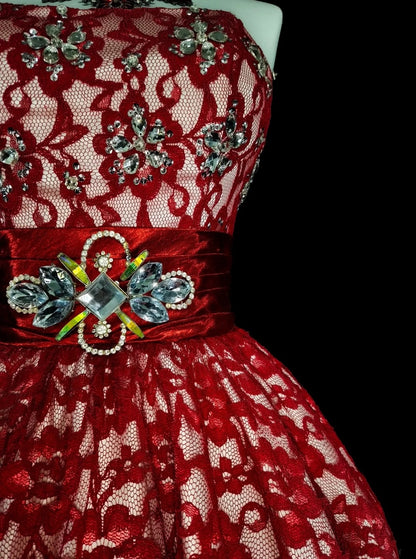 Robe de bal bustier en dentelle rouge d'inspiration unique - Robes de bal courtes d'inspiration vintage des années 2000 N2010