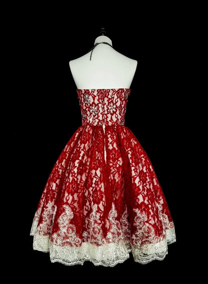 Robe de bal bustier en dentelle rouge d'inspiration unique - Robes de bal courtes d'inspiration vintage des années 2000 N2010
