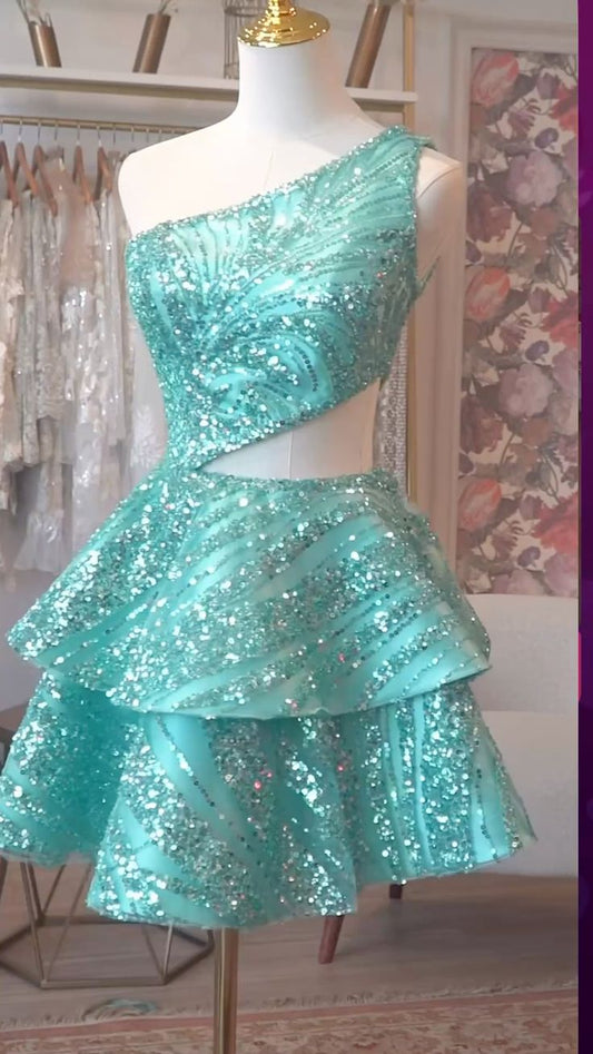 Elegantes Ballkleid, schulterfrei, blau, glitzernd, Pailletten, Partykleid, kurz, Mini, 18. Geburtstagskleider, Hoco Outfits RB3497