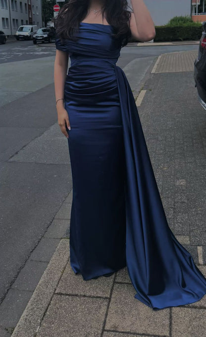 Elegantes, schulterfreies Meerjungfrauenkleid in Marineblau mit plissierten Ärmeln, langes, formelles Ballkleid, Abendkleid, Dinner-Outfit, Partykleid AB2061