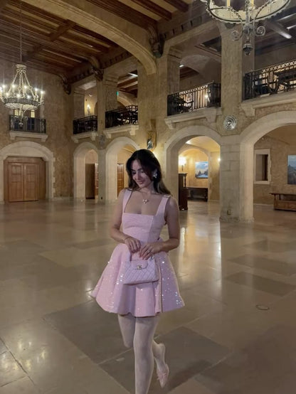 Simple Ball Gown Square Neck Sequin Pink Sleeveless Mini Senior Inspo Short Homecoming Dresses N4740