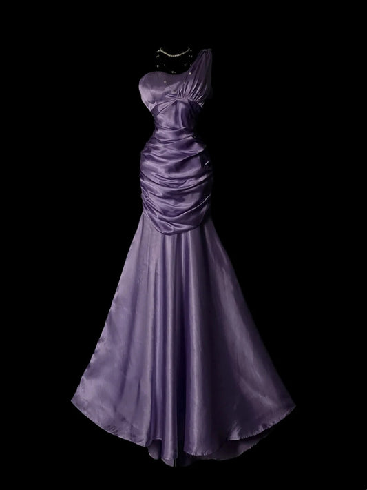 Vintage Prom Dresses 1950s Mermaid One Shoulder Purple Satin Floor Length Sleeveless Evening Formal Outfits RB4930
