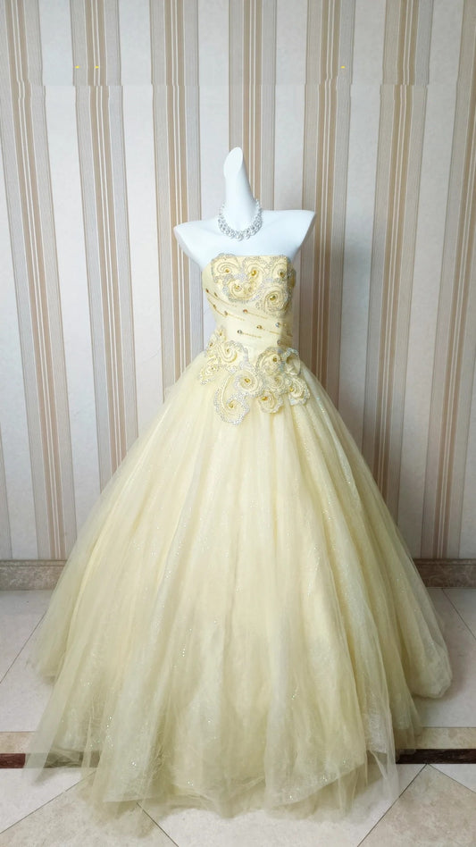 Prinzessinnen Ballkleid Trägerlos Gelb Rüschen Lagenweise Mit Blumen Sweet 16 Kleider Quinceanera Kleid N4184