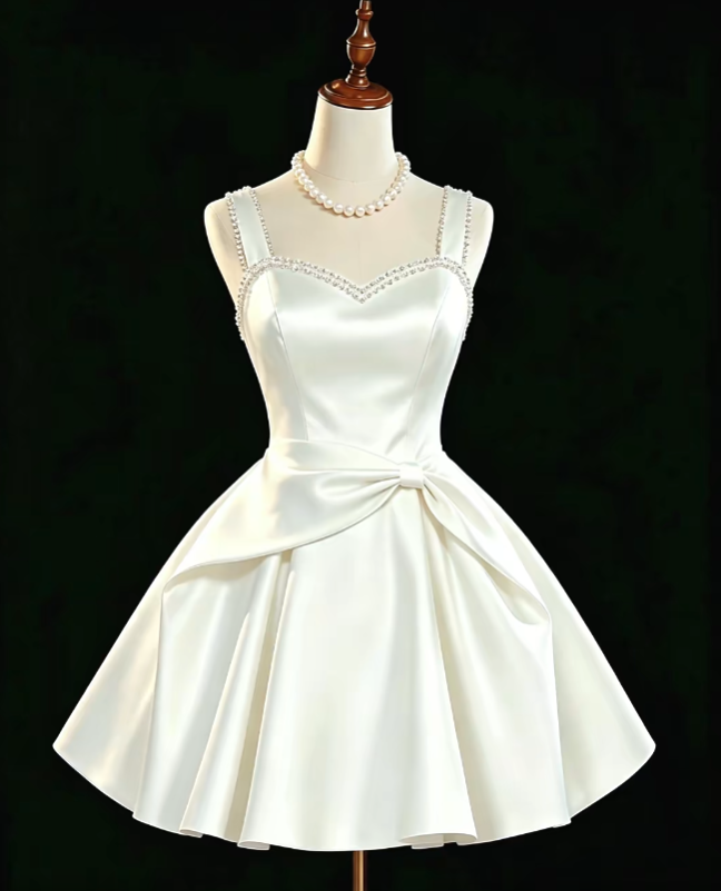 Unique Ball Gown Sweetheart White Satin With Pearls University Ideas Homecoming Dresses Inspo Short Hoco Court Gowns RB7186