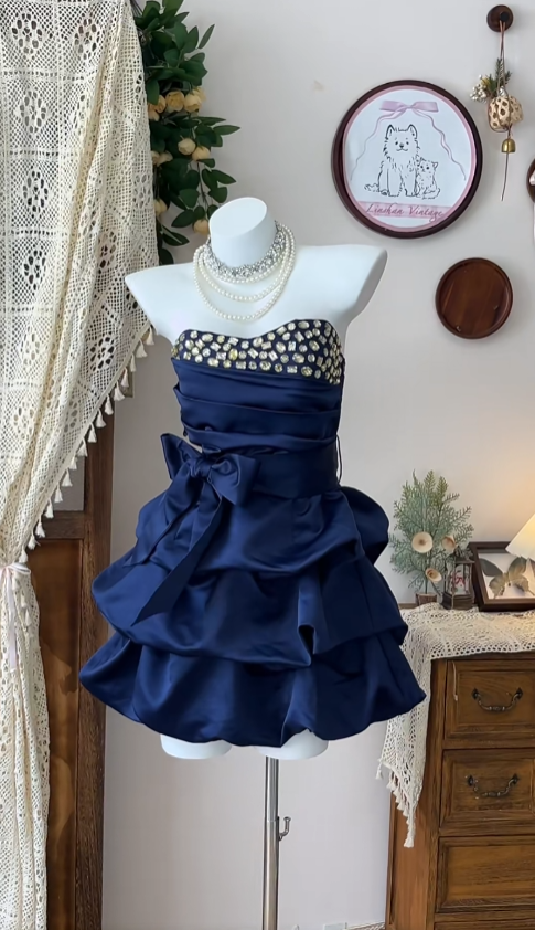 New Sexy Short Homecoming Dresses Ball Gown Strapless Navy Blue Mini Graduation Cocktail Graduation Outfits RB7373