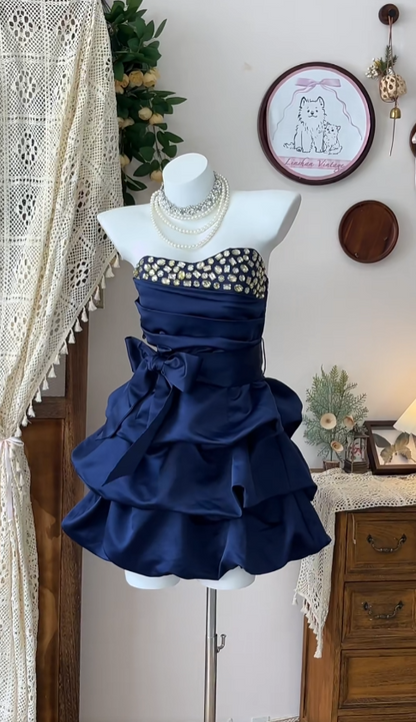 New Sexy Short Homecoming Dresses Ball Gown Strapless Navy Blue Mini Graduation Cocktail Graduation Outfits RB7373