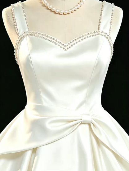 Unique Ball Gown Sweetheart White Satin With Pearls University Ideas Homecoming Dresses Inspo Short Hoco Court Gowns RB7186