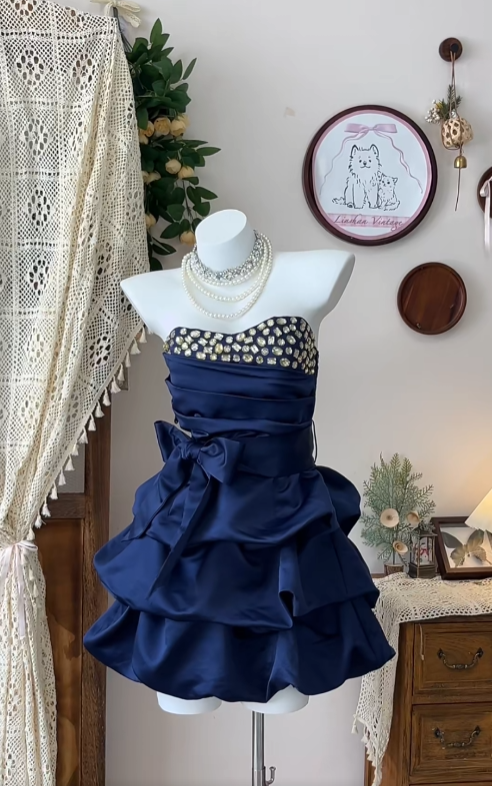 New Sexy Short Homecoming Dresses Ball Gown Strapless Navy Blue Mini Graduation Cocktail Graduation Outfits RB7373
